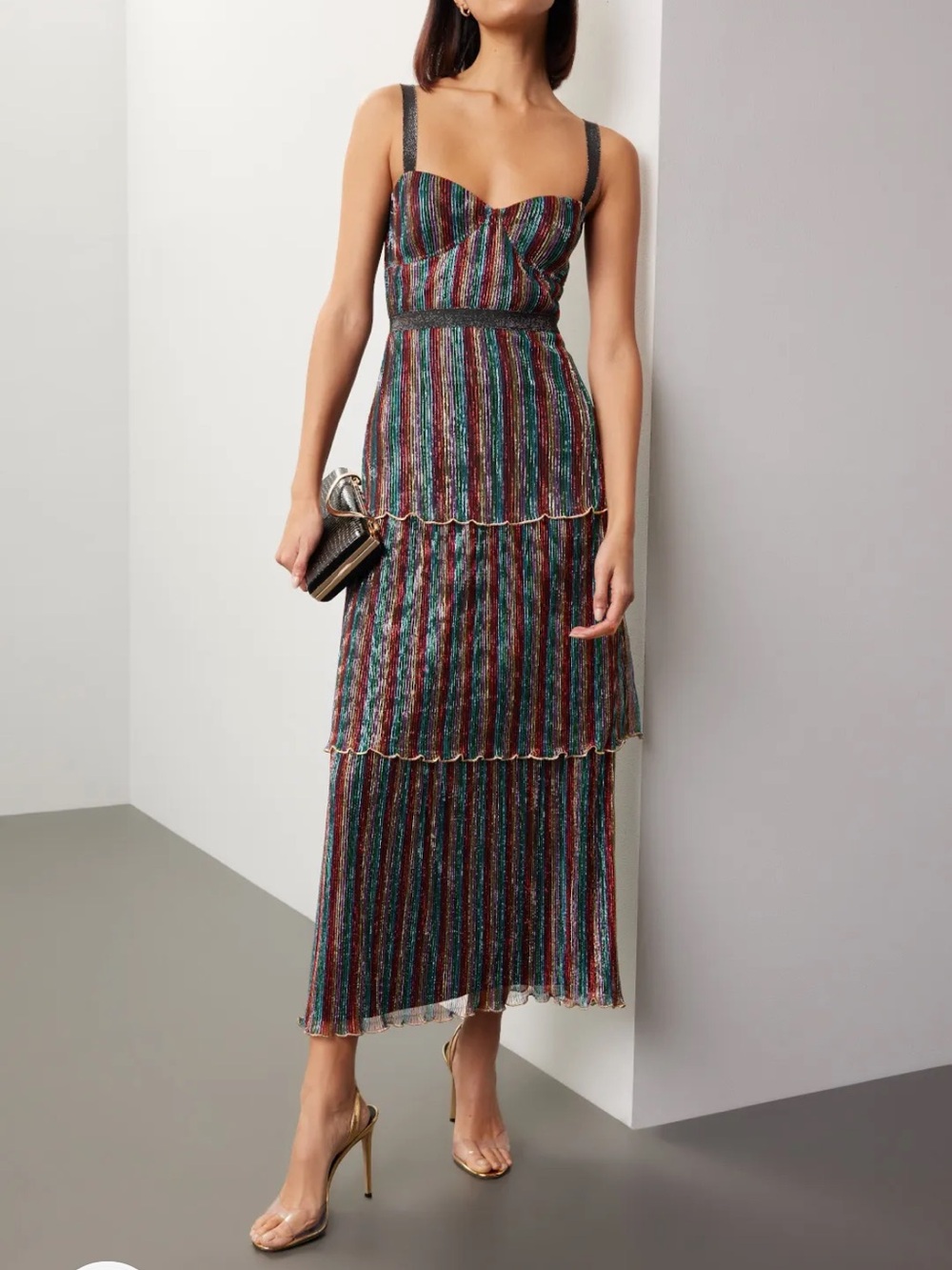 Saylor Aviva Metallic Stripe Tiered Midi Dress